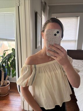 Cream Off-Shoulder Peasant Top with Contrast Stripes